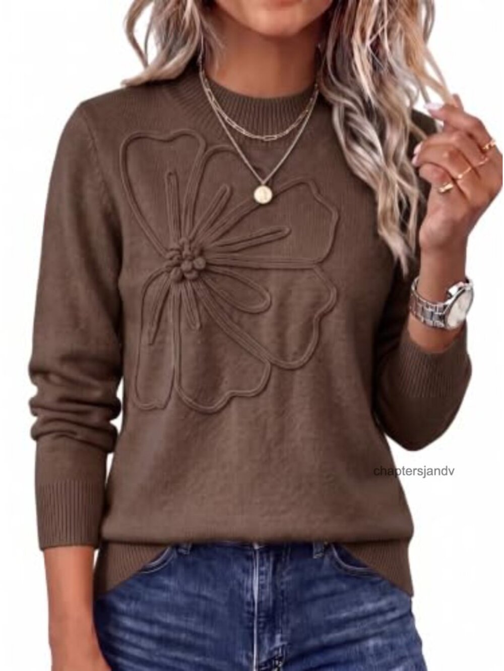 Women's Crew Neck Pullover Sweater 3D Flower Knit Long Sleeve